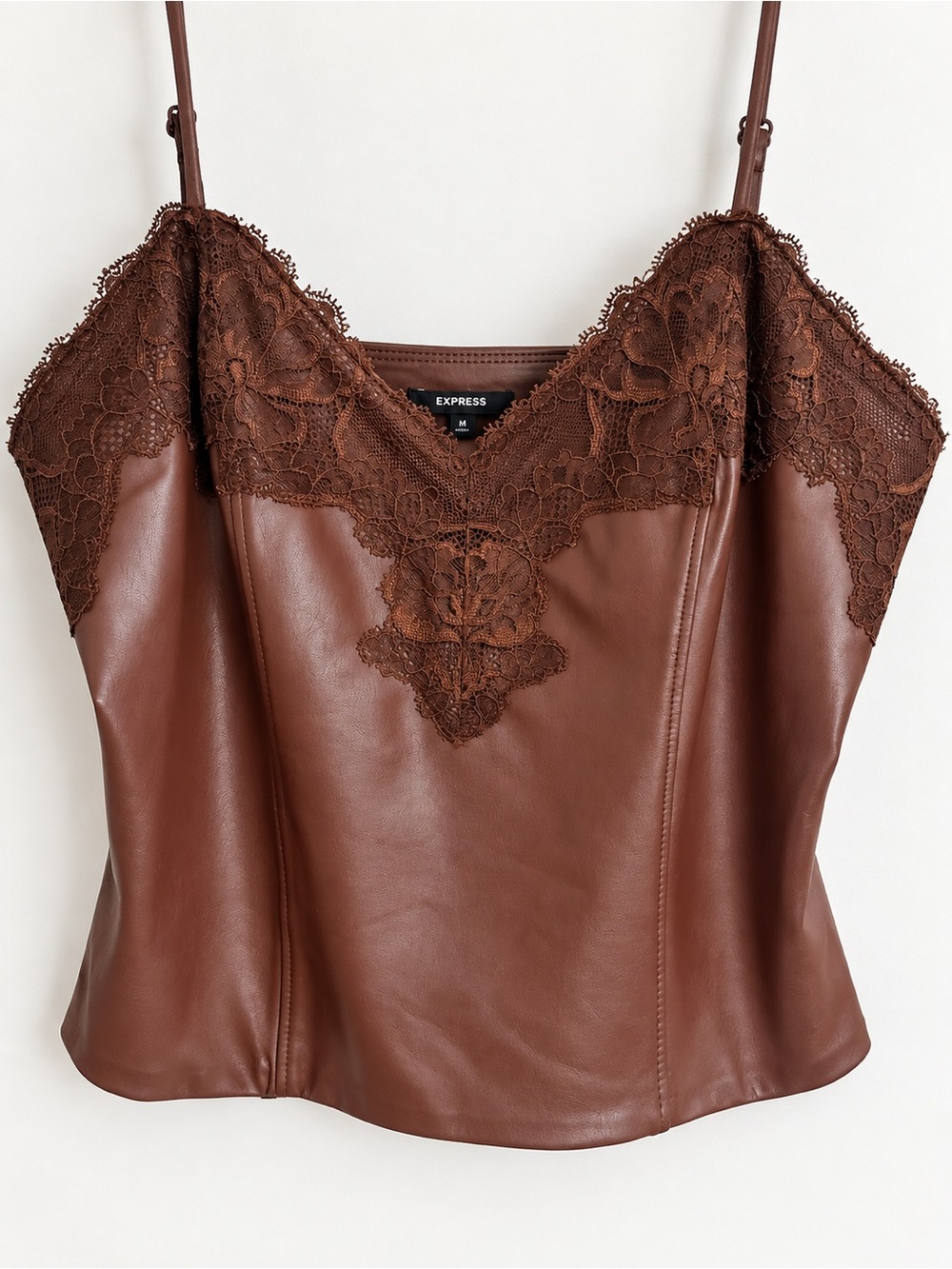 Express Chocolate Brown Faux Leather Lace Trim Cami